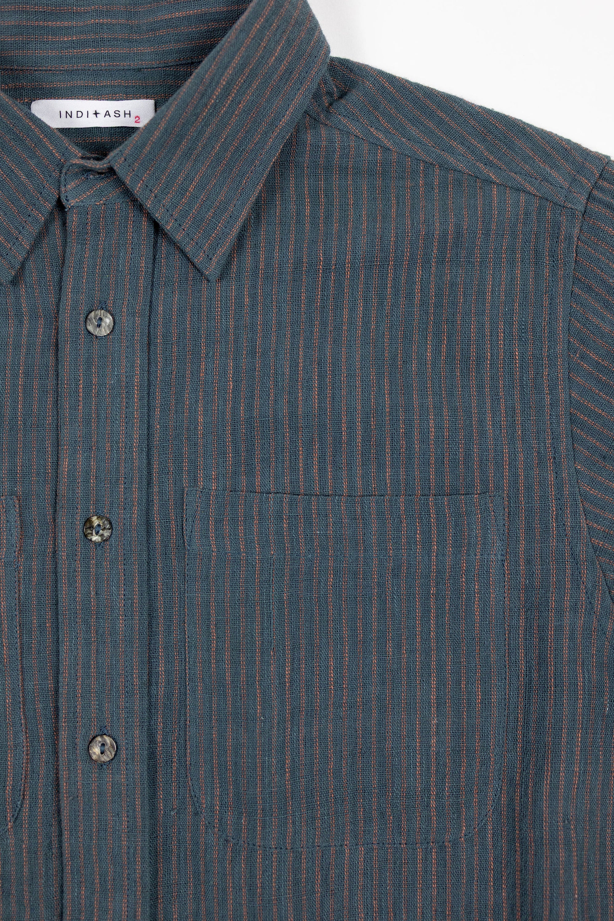 Indi + Ash LS Rios Workshirt - Handwoven Ticking Stripe Kala Cotton Midnight Teal/Iron Black