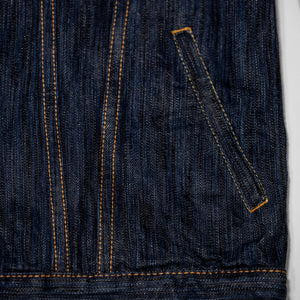 Pure Blue Japan 6226-L 14.5oz Waterfall Denim Type III Jacket - Light Indigo. close up of bottom front pocket