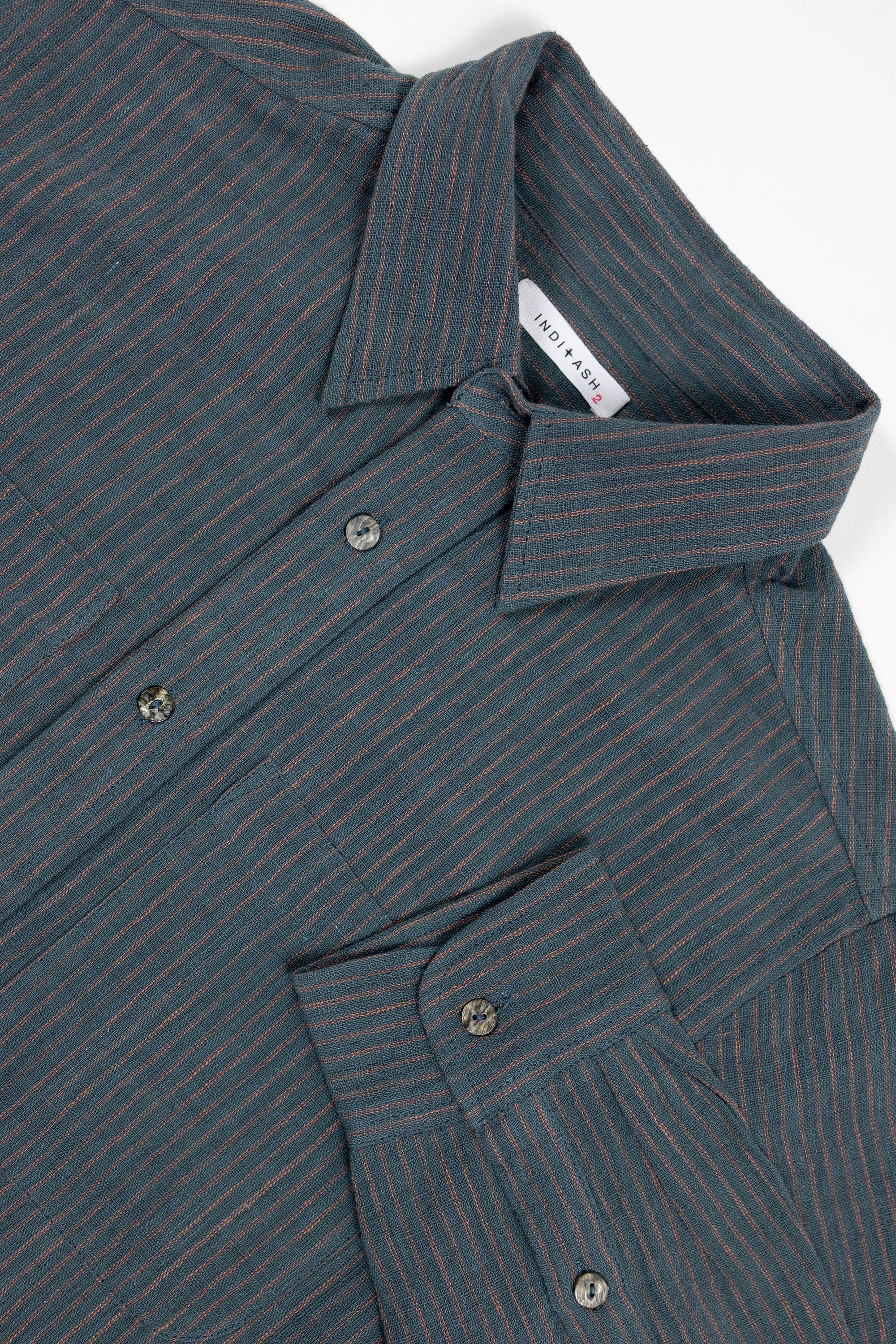 Indi + Ash LS Rios Workshirt - Handwoven Ticking Stripe Kala Cotton Midnight Teal/Iron Black