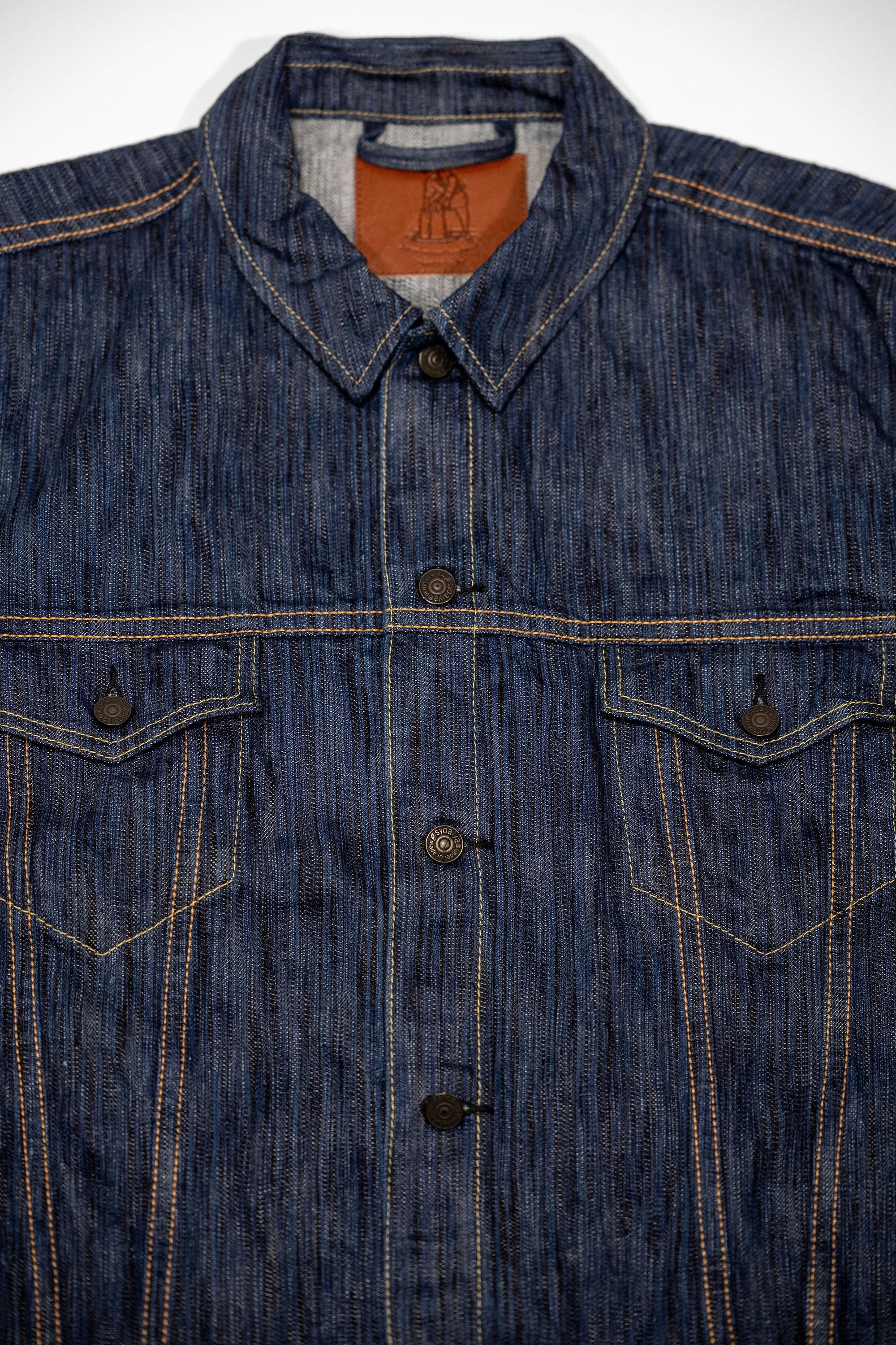 Pure Blue Japan 6226-L 14.5oz Waterfall Denim Type III Jacket - Light Indigo. close up of front jacket