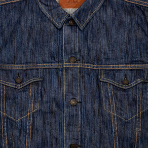Pure Blue Japan 6226-L 14.5oz Waterfall Denim Type III Jacket - Light Indigo. close up of front jacket