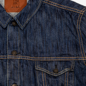 Pure Blue Japan 6226-L 14.5oz Waterfall Denim Type III Jacket - Light Indigo. close up of front pocket