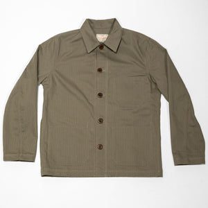 Dehen 1920 Chore Coat - Sage Dry Waxed Cotton. laid on back