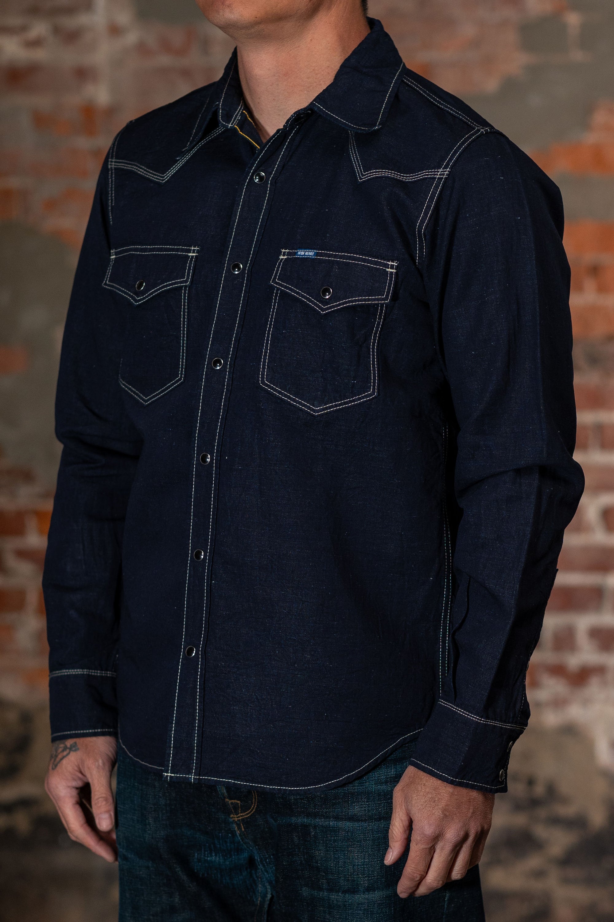 Iron Heart IHSH-444-IND 7oz Cotton Linen Chambray Western Shirt - Indigo