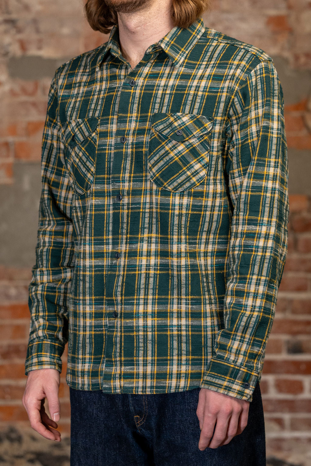 UES 502655 Slubby Flannel Shirt - Green