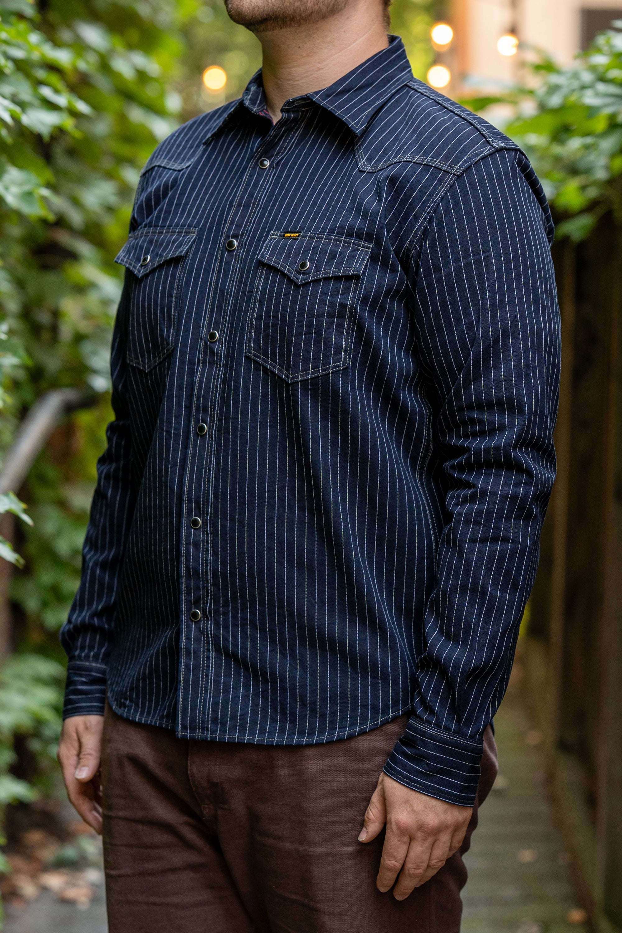Iron Heart IHSH-424-IND 8.5oz Herringbone Stripe Western Shirt - Indigo