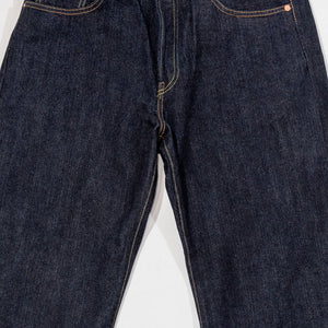 Indigo denim jeans wide cut front view laying flat