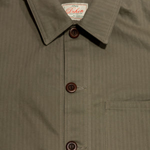 Dehen 1920 Chore Coat - Sage Dry Waxed Cotton. close up of front detail