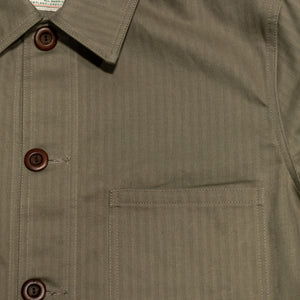 Dehen 1920 Chore Coat - Sage Dry Waxed Cotton. close up of front pocket detail