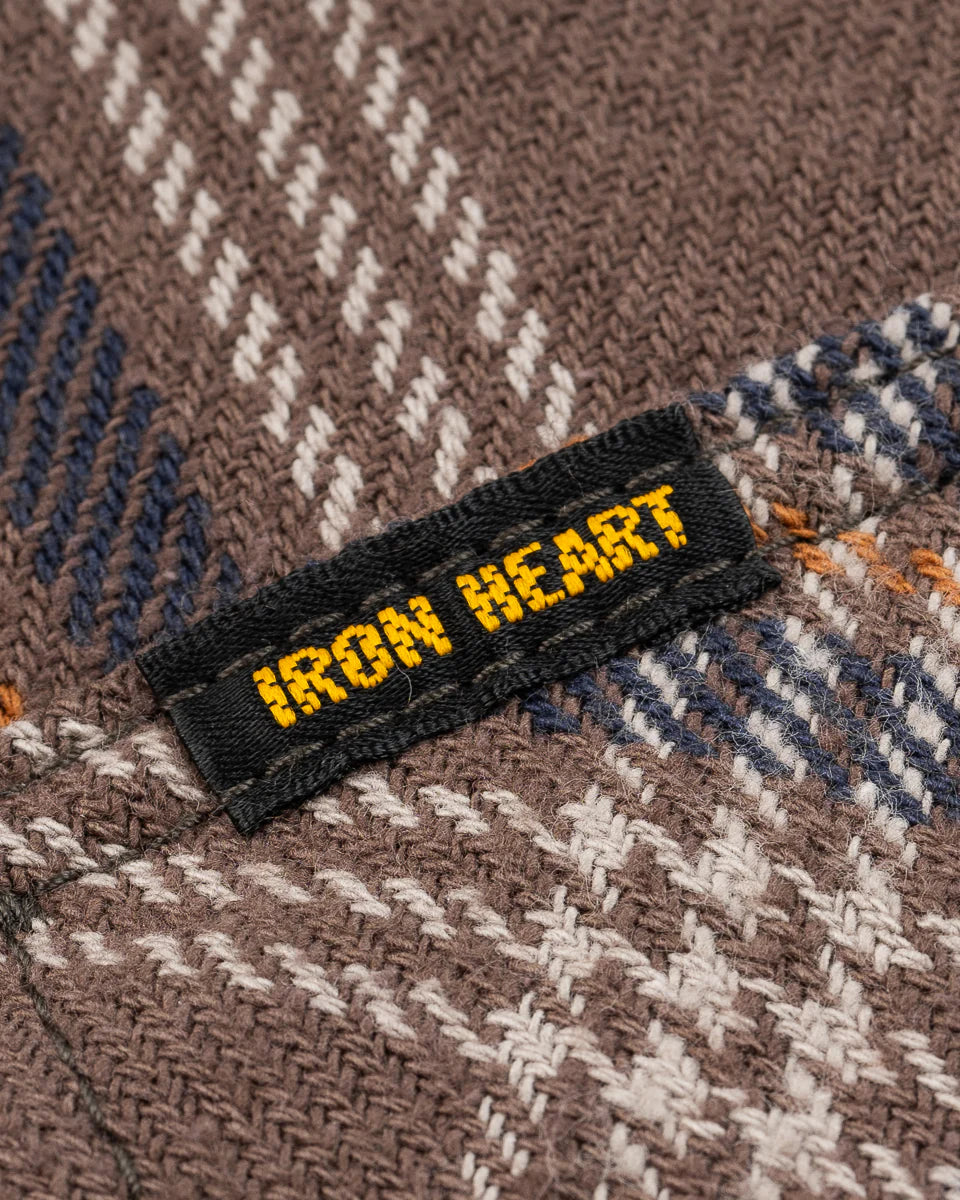 Iron Heart IHSH-431-BRN Slubby Heavy Flannel Check Western Shirt - Brown