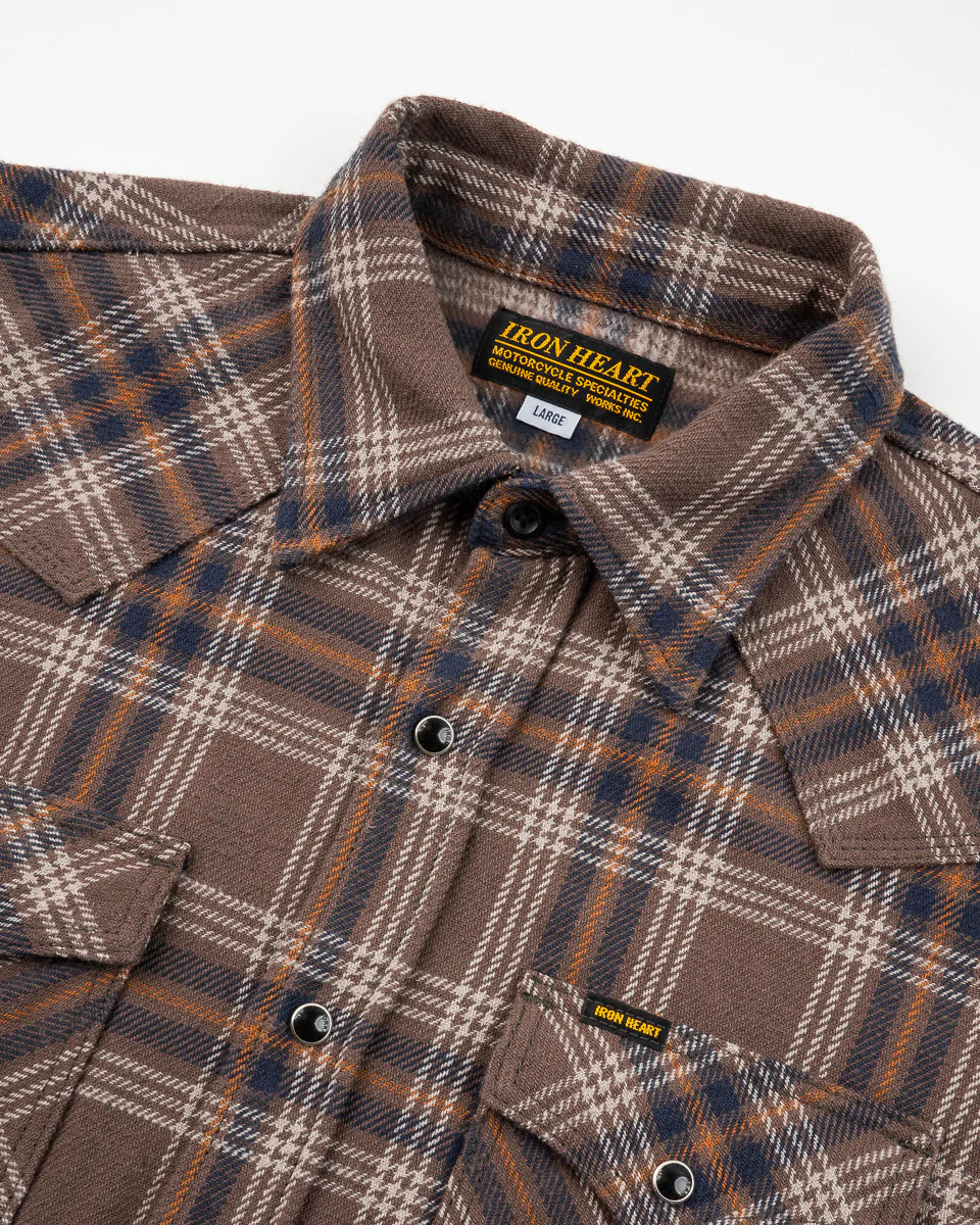 Iron Heart IHSH-431-BRN Slubby Heavy Flannel Check Western Shirt - Brown