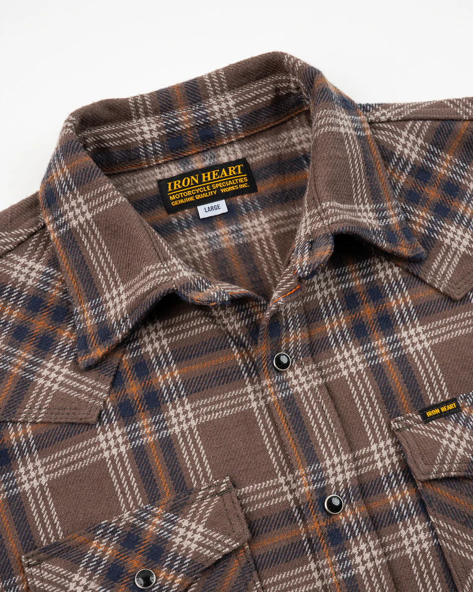 Iron Heart IHSH-431-BRN Slubby Heavy Flannel Check Western Shirt - Brown