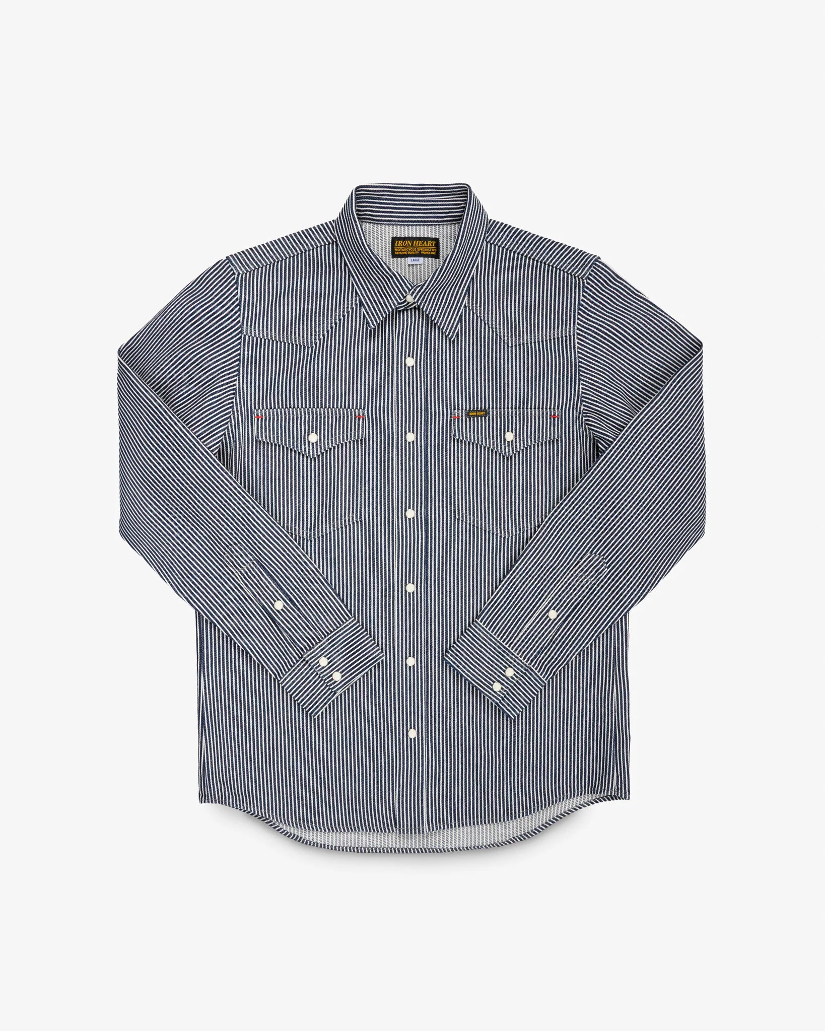 Western style shirt with indigo and white thin vertical stripes and white snaps front view laying flat