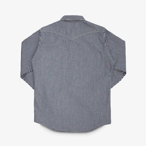 Western style shirt with indigo and white thin vertical stripes back view laying flat