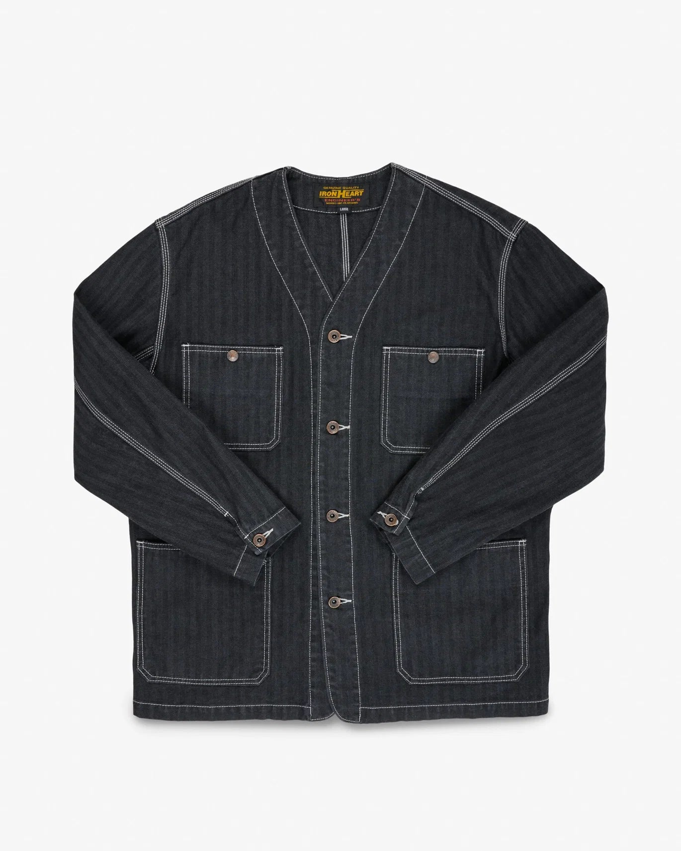 Iron Heart IHJ-158-BLK 10.5oz Herringbone Collarless Chore Jacket - Black Overdyed Black