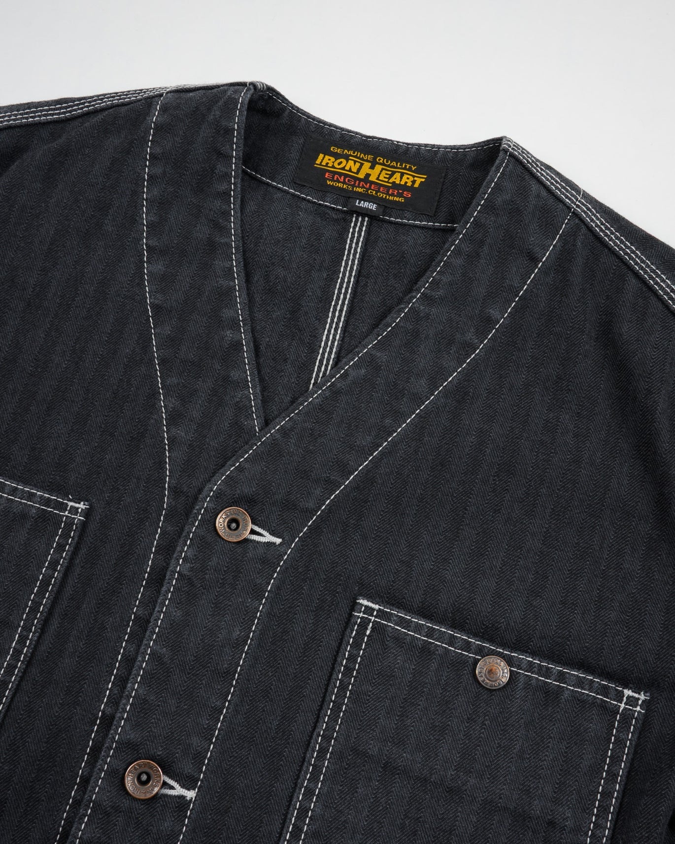 Iron Heart IHJ-158-BLK 10.5oz Herringbone Collarless Chore Jacket - Black Overdyed Black