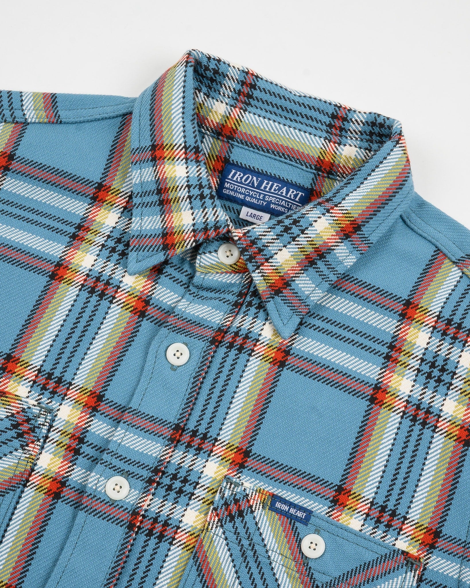 Iron Heart 9oz Selvedge Flannel Check Work Shirt - Sax Blue