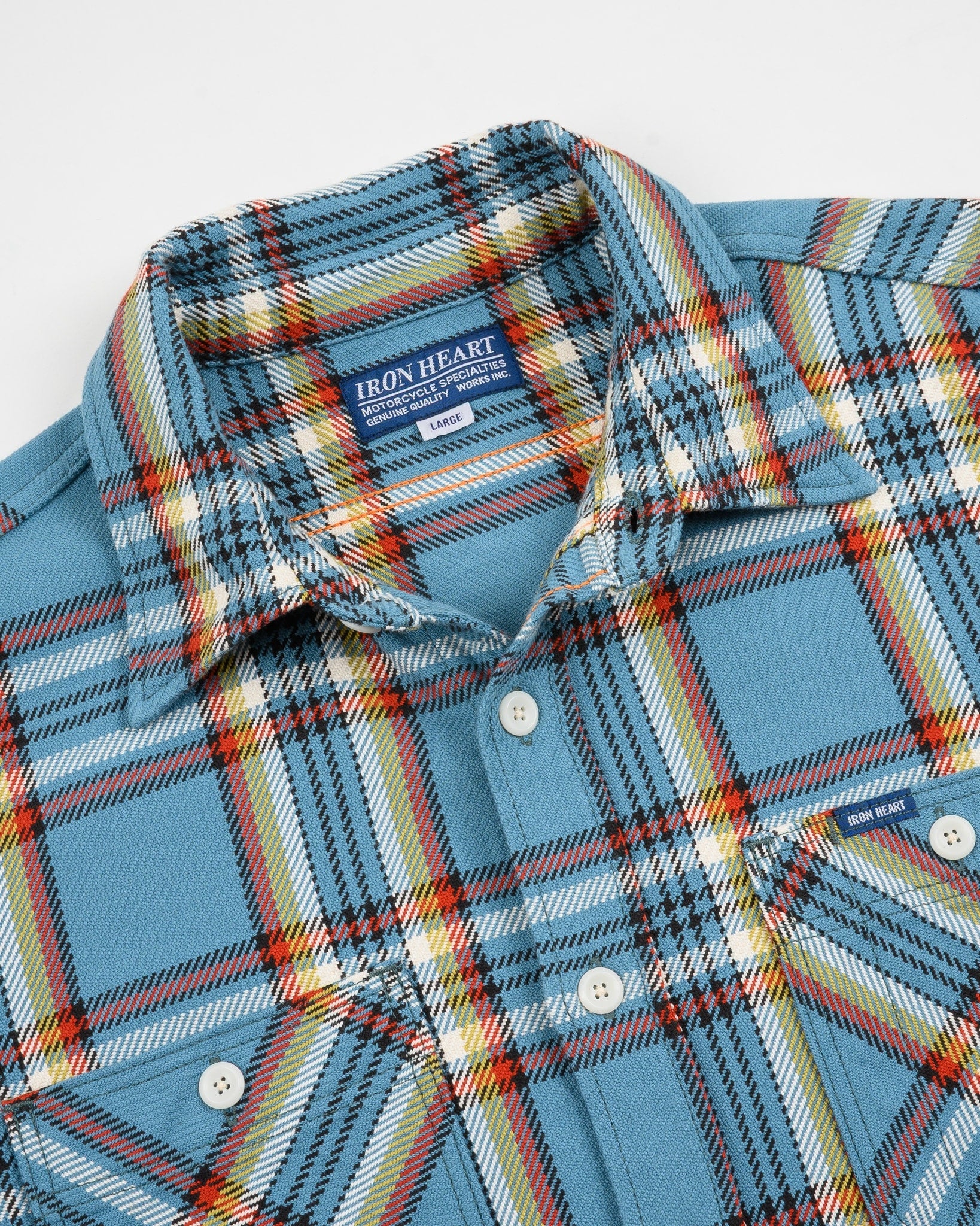 Iron Heart 9oz Selvedge Flannel Check Work Shirt - Sax Blue
