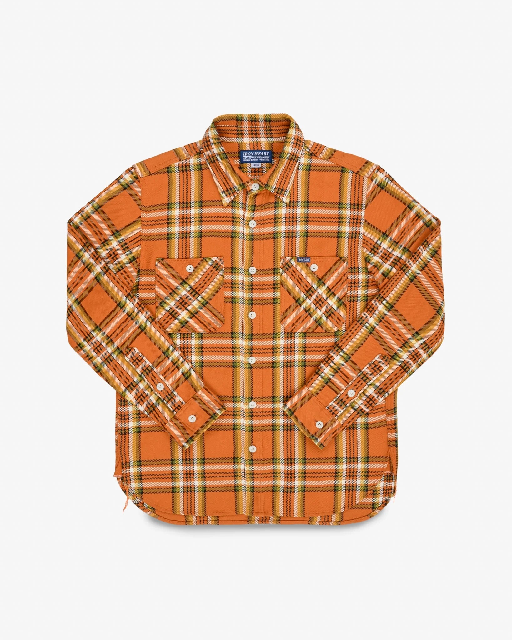Iron Heart IHSH-442-ORA 9oz Selvedge Flannel Check Work Shirt - Orange