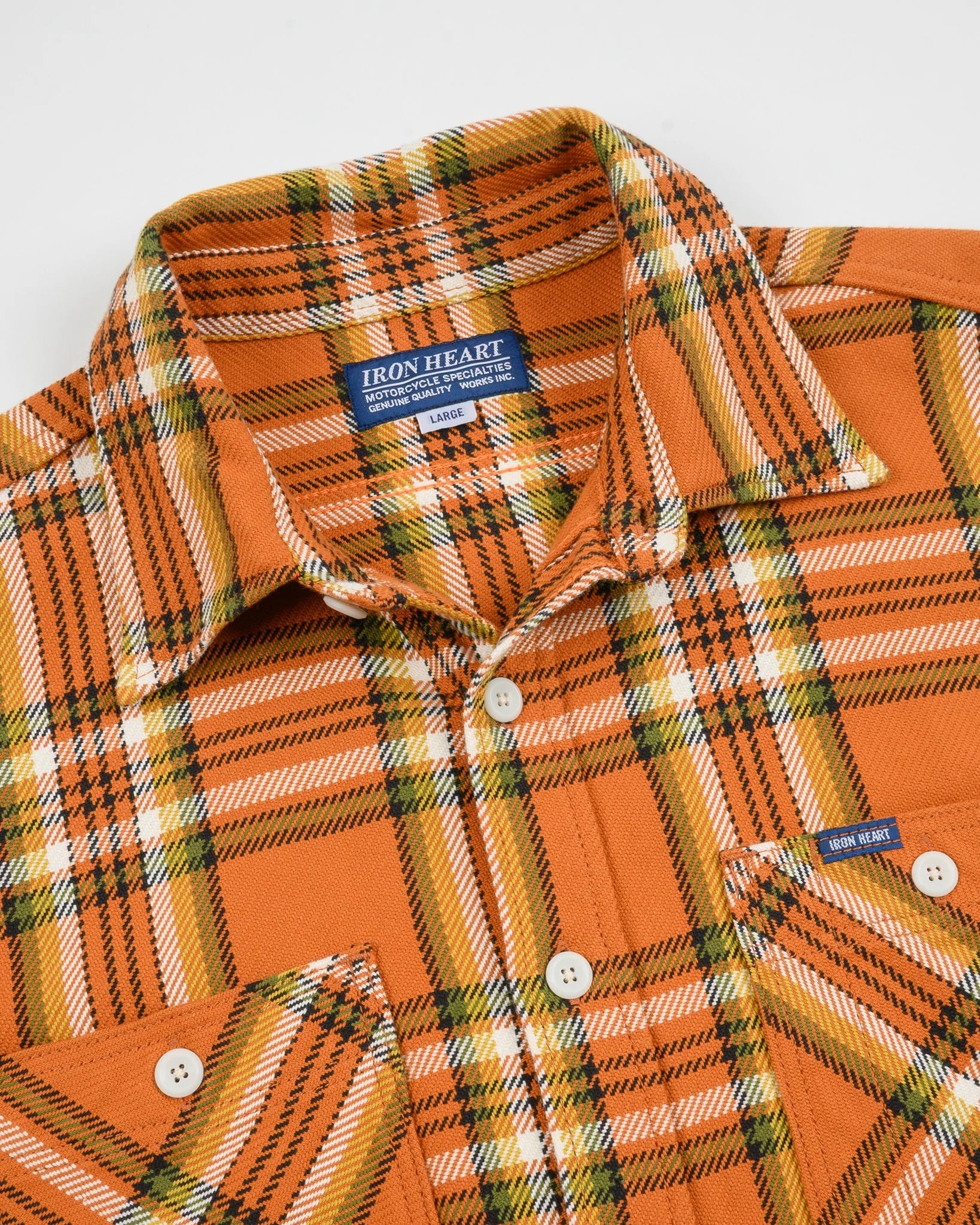 Iron Heart IHSH-442-ORA 9oz Selvedge Flannel Check Work Shirt - Orange