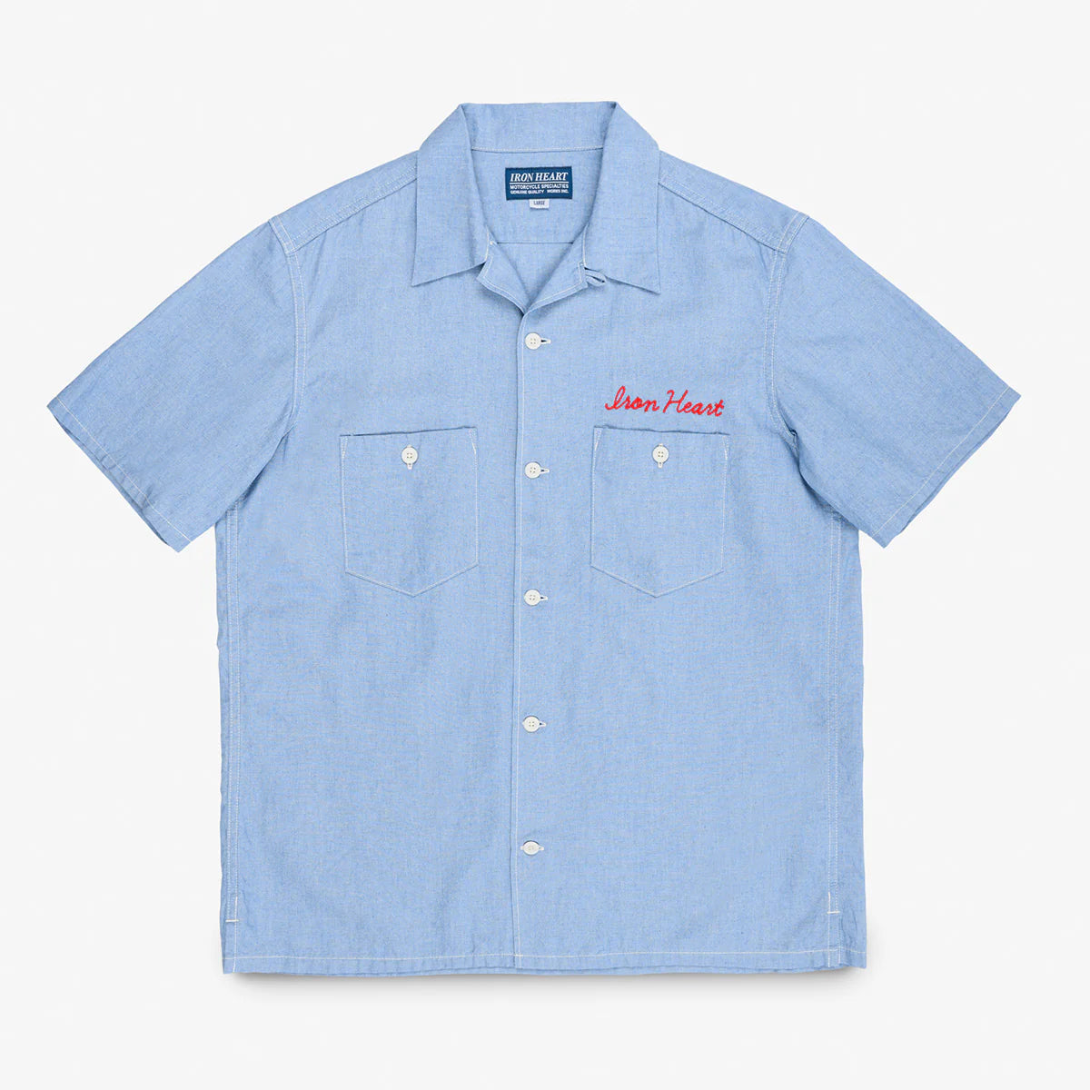 Iron Heart IHSH-447-SAX 5oz Cotton Linen Open Collar Short Sleeve Shirt - Sax Blue