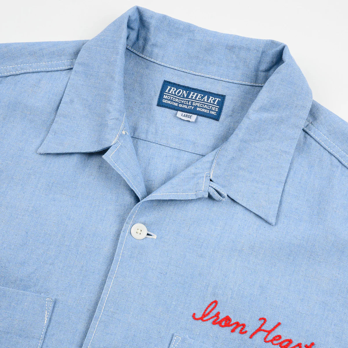 Iron Heart IHSH-447-SAX 5oz Cotton Linen Open Collar Short Sleeve Shirt - Sax Blue