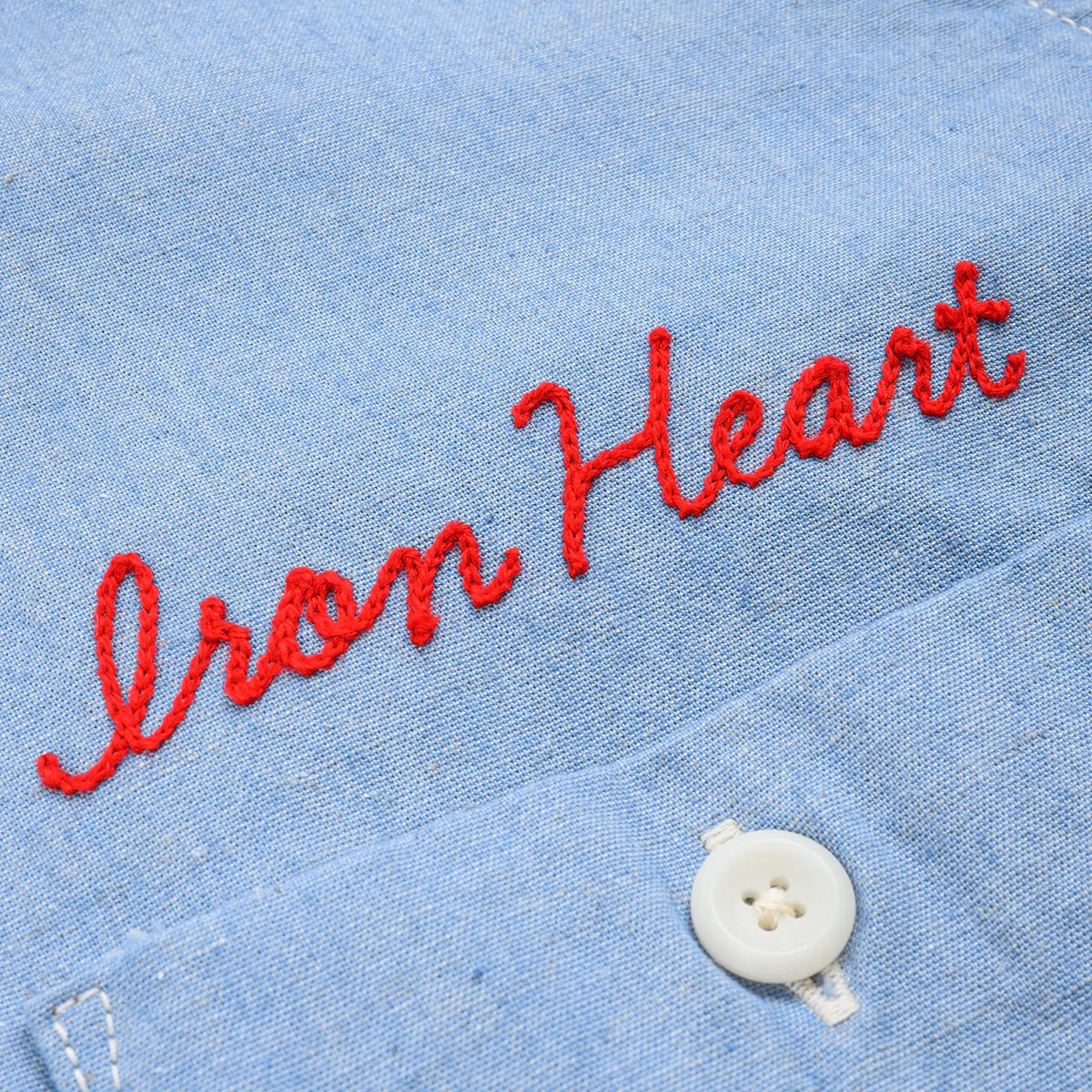 Iron Heart IHSH-447-SAX 5oz Cotton Linen Open Collar Short Sleeve Shirt - Sax Blue