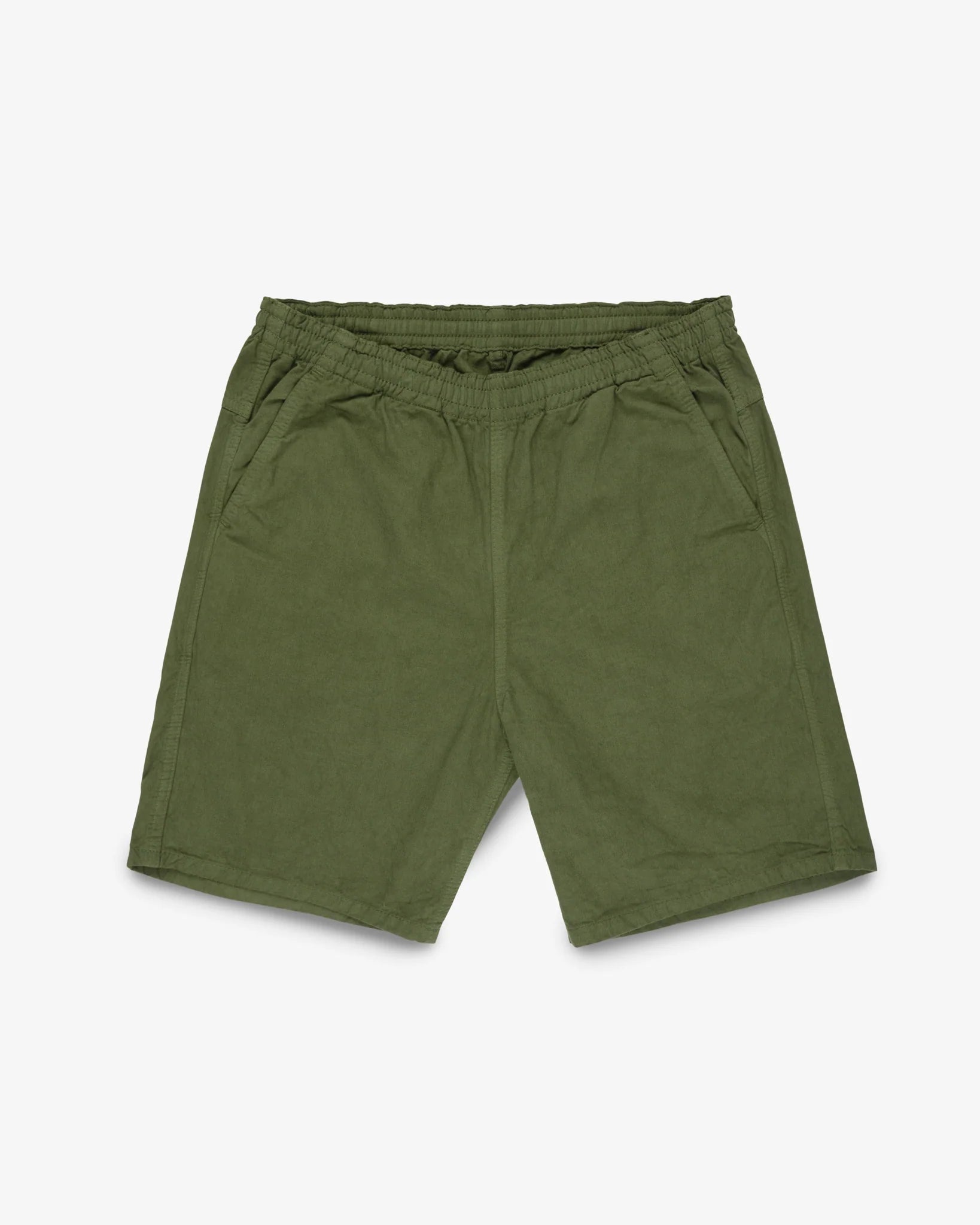 Olive mid length shorts front view laying flat