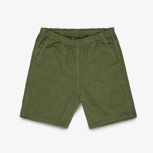 Olive mid length shorts front view laying flat