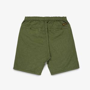 Olive mid length shorts back view laying flat