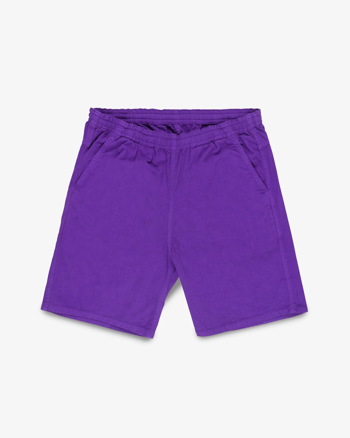 Purple mid length shorts front view laying flat