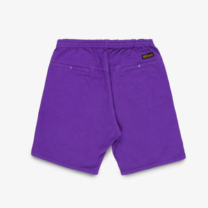 Purple mid length shorts back view laying flat