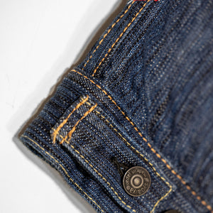 Pure Blue Japan 6226-L 14.5oz Waterfall Denim Type III Jacket - Light Indigo. close up of back buttons
