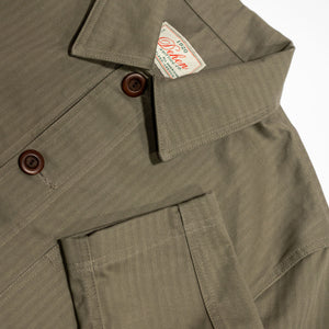 Dehen 1920 Chore Coat - Sage Dry Waxed Cotton. close up of sleeve detail