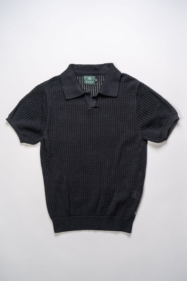 ☆YALE☆ COMFORT COOL SLIT NECK POLO KNIT BLACK YEM1KT110ABK 21-F_PFlatlay3.29.24-