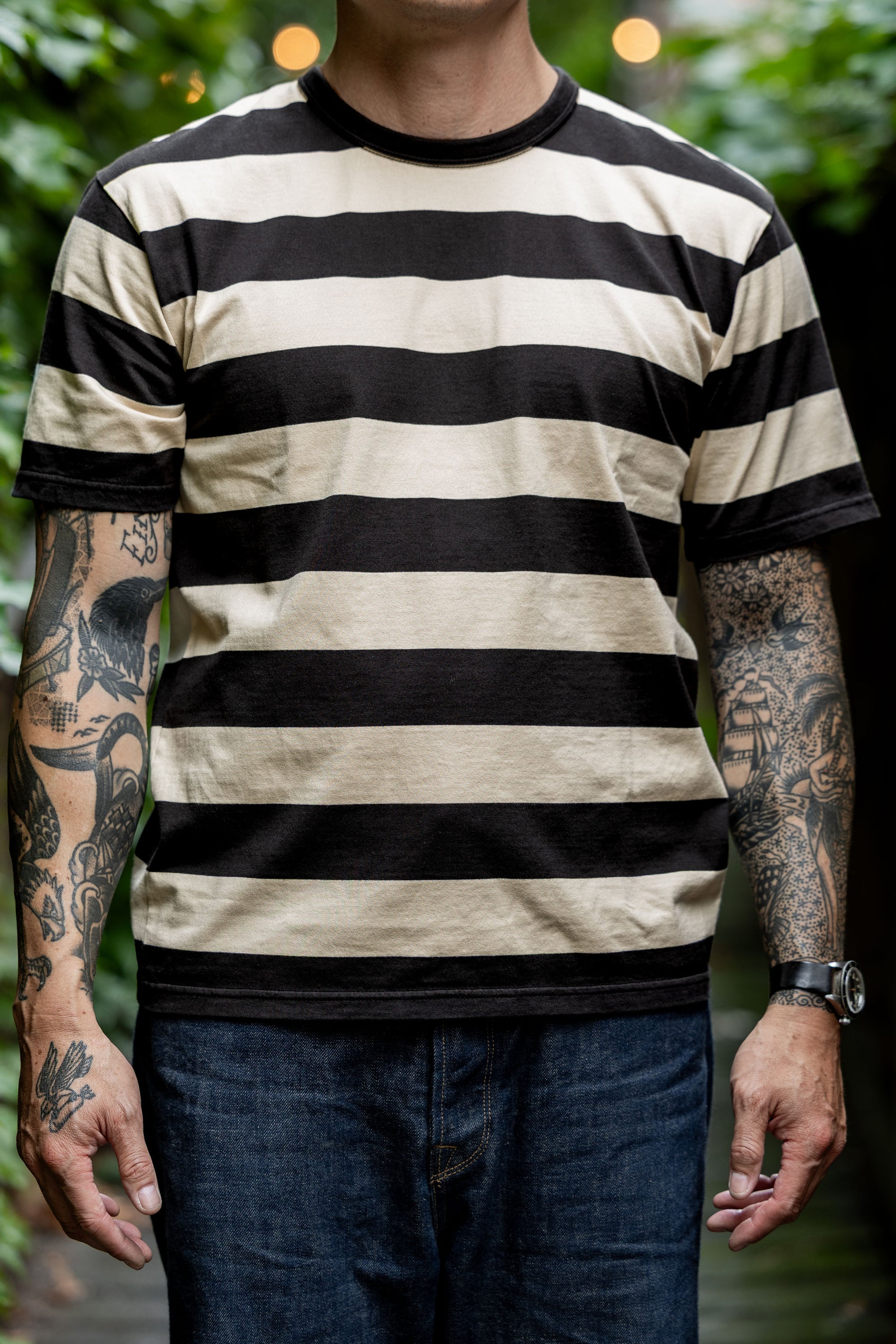 The Flat Head FN-THB-002 Border T-Shirt - Ivory/Light Black