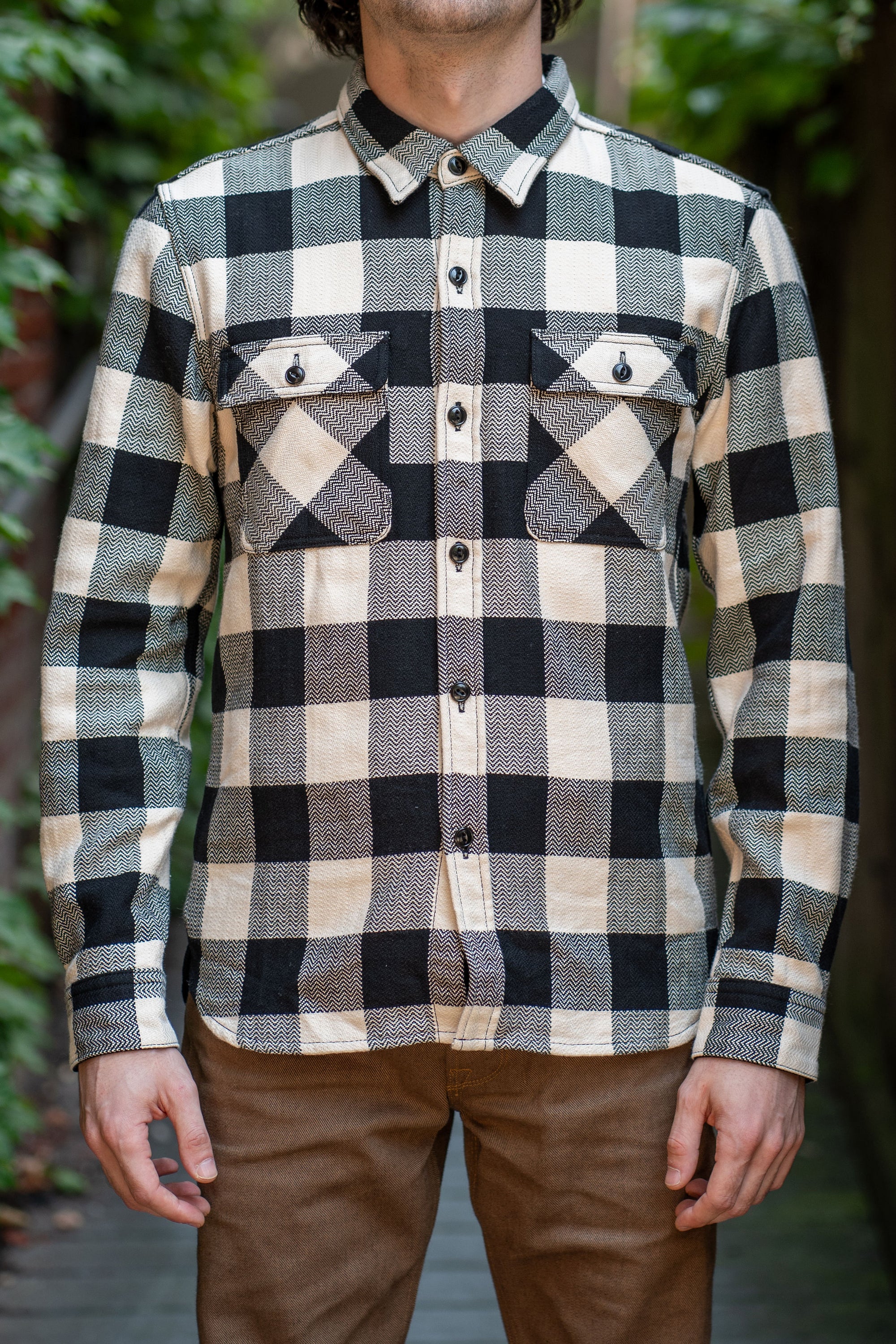 The Flat Head SNR-101L Block Check Flannel Shirt - Ivory/Black