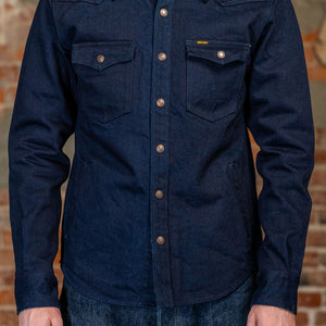 Iron Heart IHSH-409-IB 19oz Selvedge Denim CPO Shirt - Indigo/Black. on model front profile