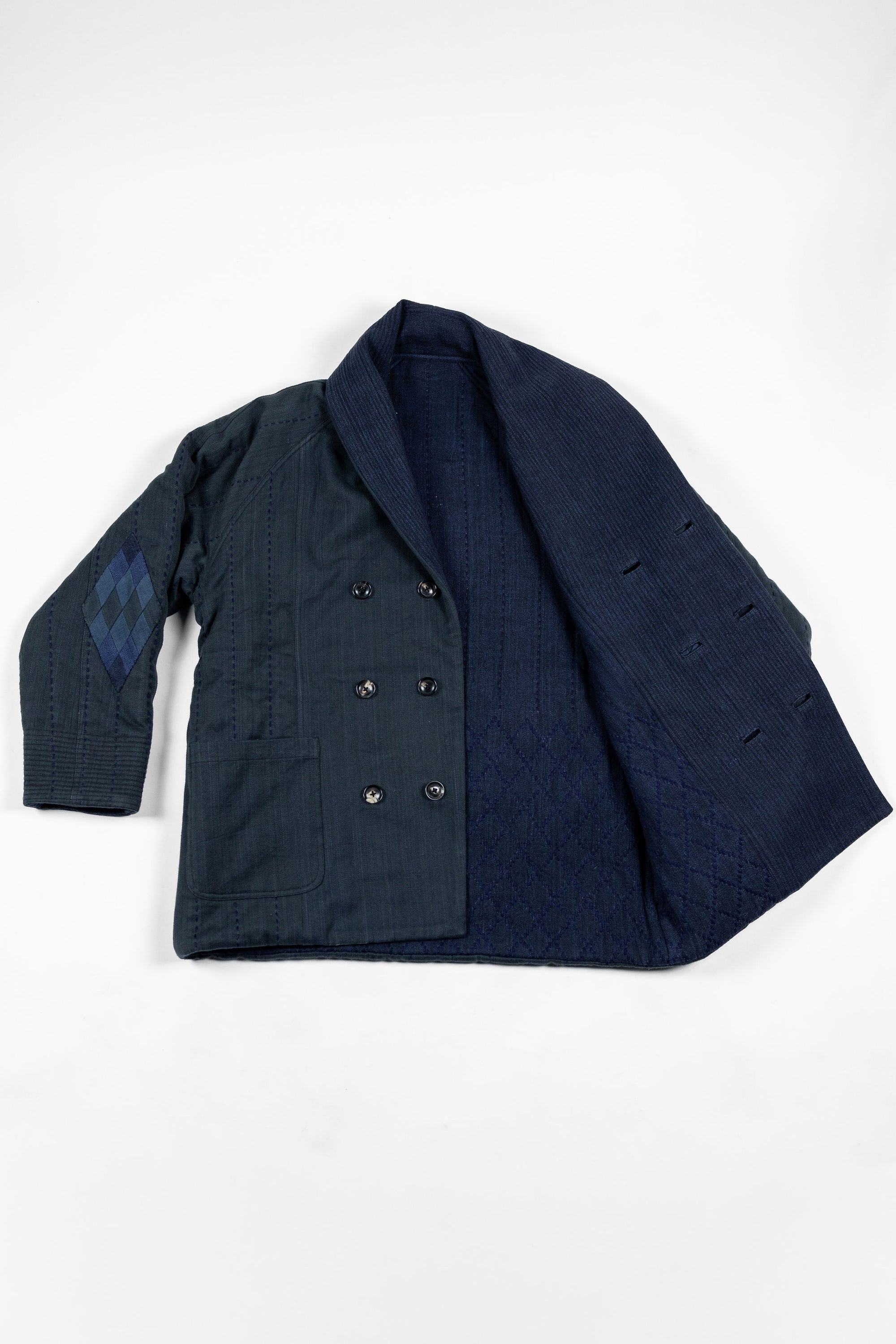 Indi + Ash Reversible Morning Shawl Overcoat - Iron/Indigo Handwoven Denim/Embroidered Military Herringbone