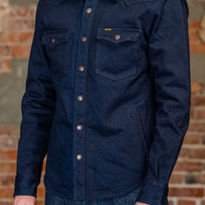 Iron Heart IHSH-409-IB 19oz Selvedge Denim CPO Shirt - Indigo/Black. on model side profile