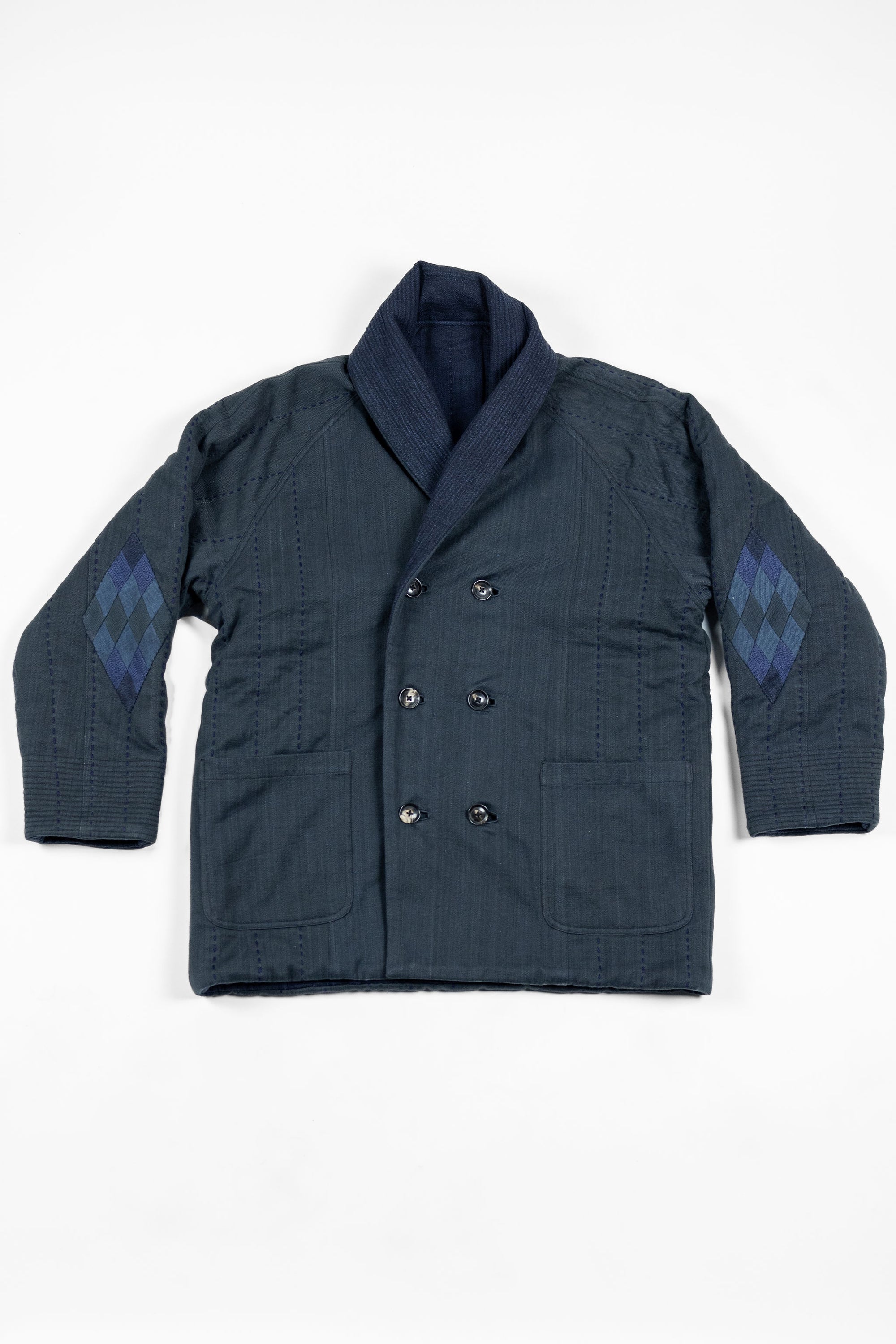 Indi + Ash Reversible Morning Shawl Overcoat - Iron/Indigo Handwoven Denim/Embroidered Military Herringbone