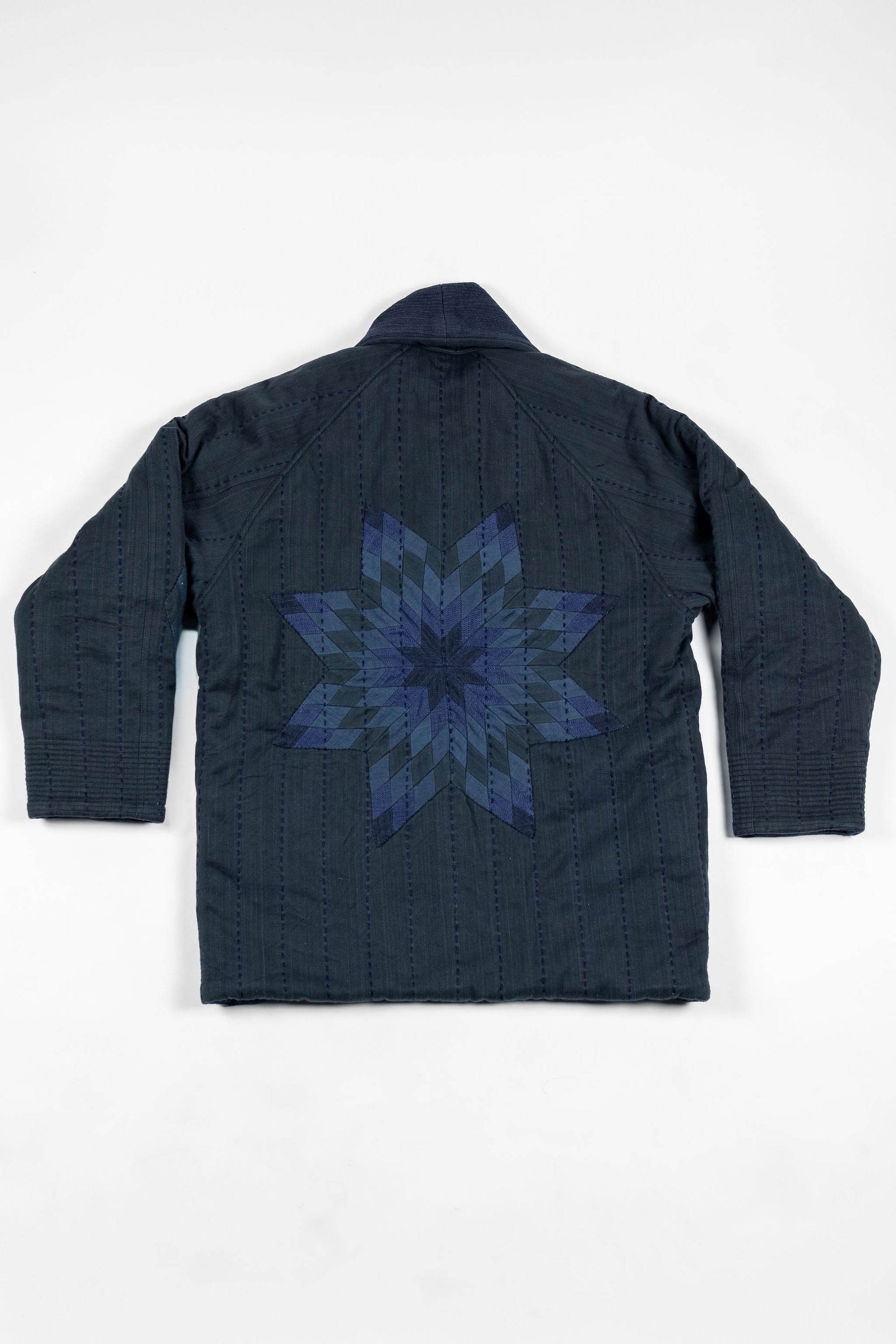 Indi + Ash Reversible Morning Shawl Overcoat - Iron/Indigo Handwoven Denim/Embroidered Military Herringbone