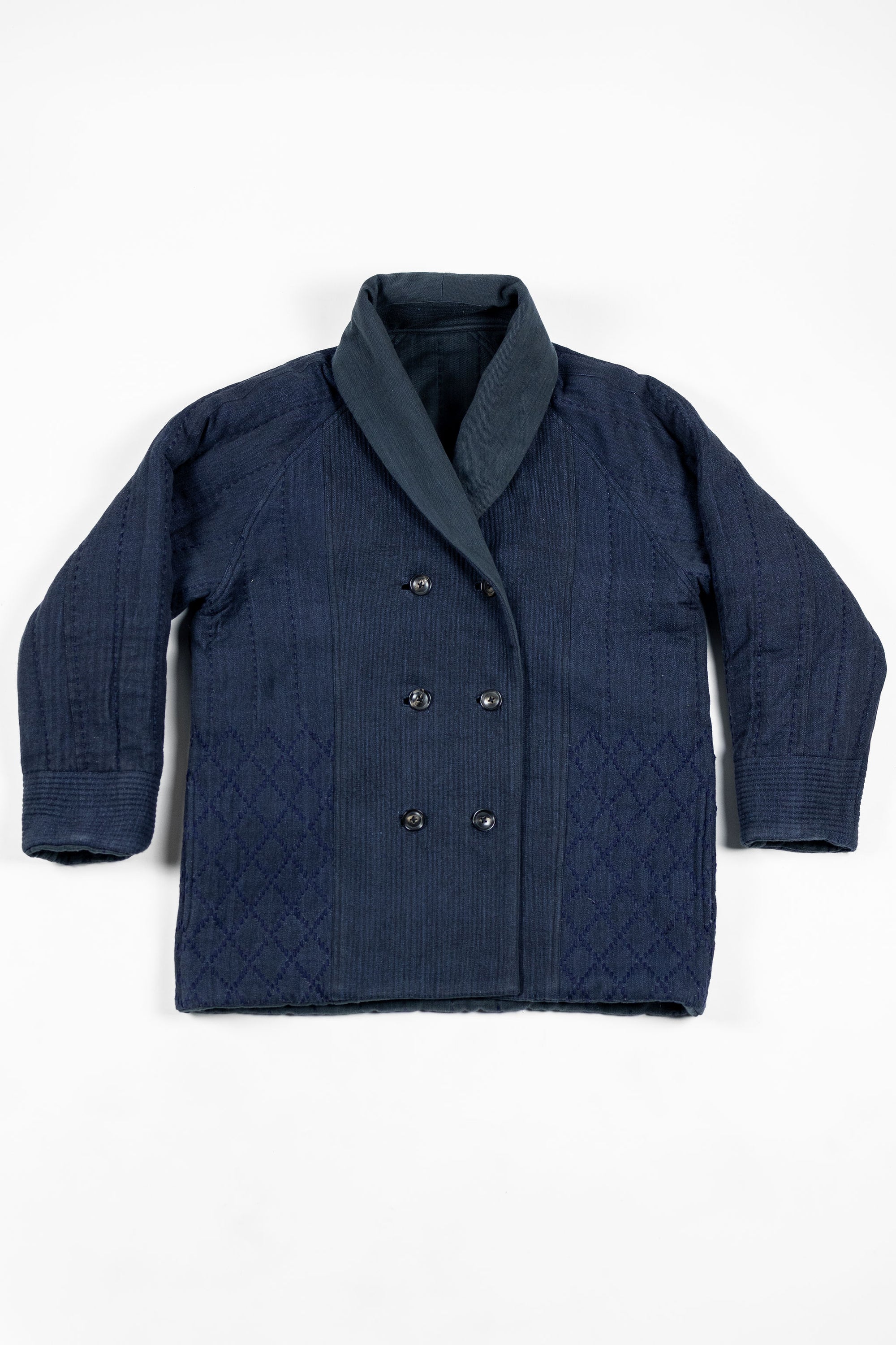 Indi + Ash Reversible Morning Shawl Overcoat - Iron/Indigo Handwoven Denim/Embroidered Military Herringbone