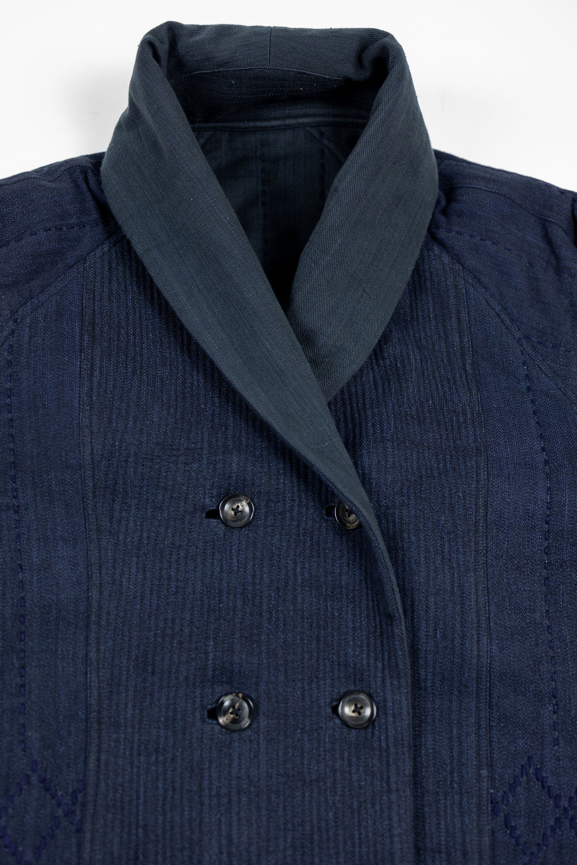 Indi + Ash Reversible Morning Shawl Overcoat - Iron/Indigo Handwoven Denim/Embroidered Military Herringbone