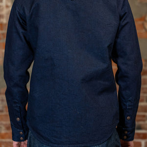 Iron Heart IHSH-409-IB 19oz Selvedge Denim CPO Shirt - Indigo/Black. on model back profile