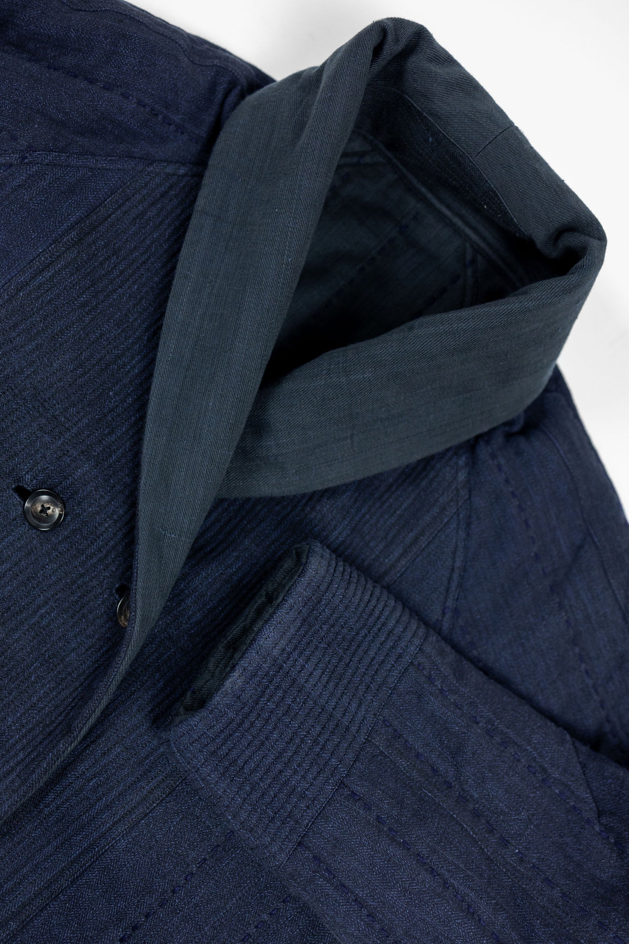 Indi + Ash Reversible Morning Shawl Overcoat - Iron/Indigo Handwoven Denim/Embroidered Military Herringbone