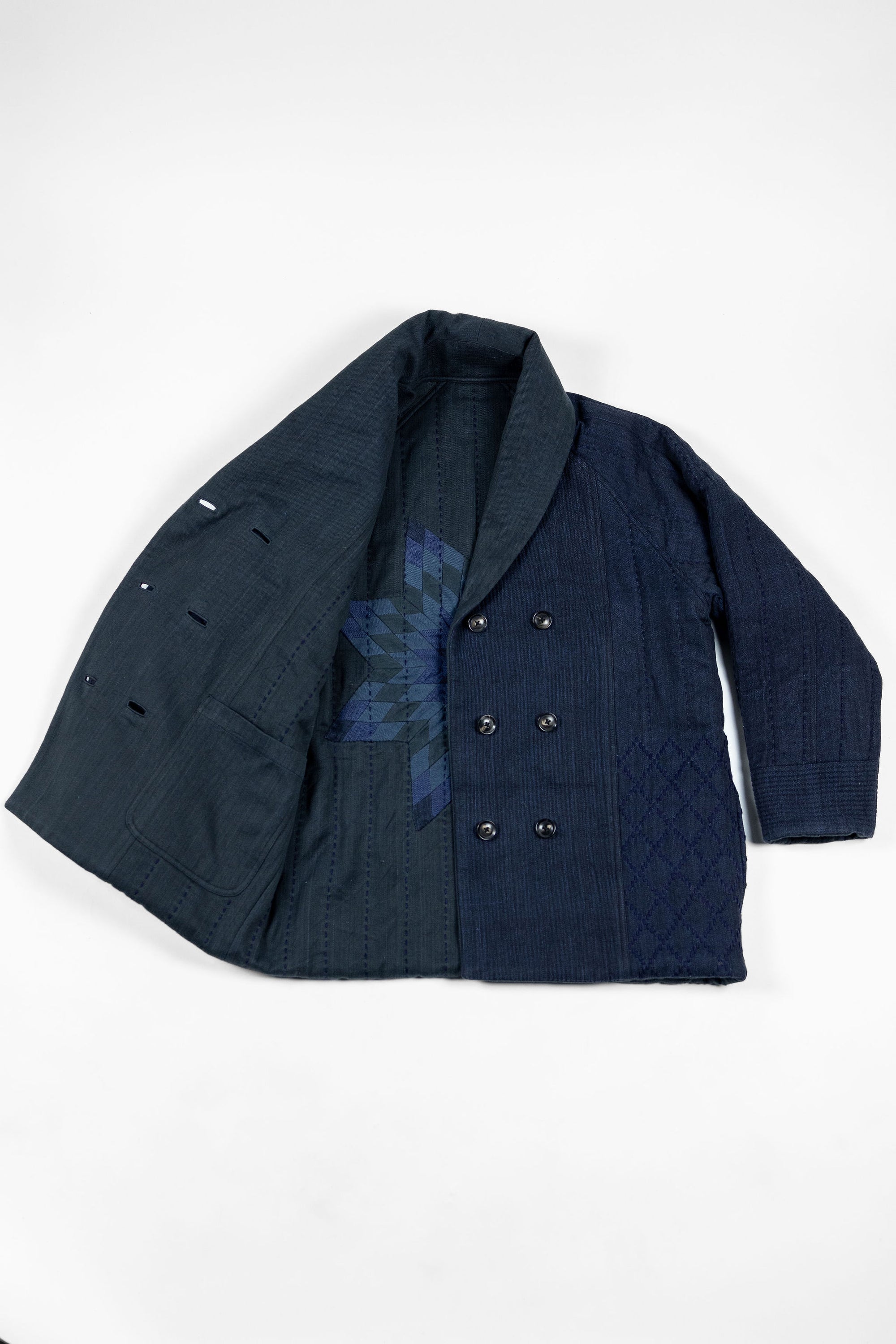 Indi + Ash Reversible Morning Shawl Overcoat - Iron/Indigo Handwoven Denim/Embroidered Military Herringbone
