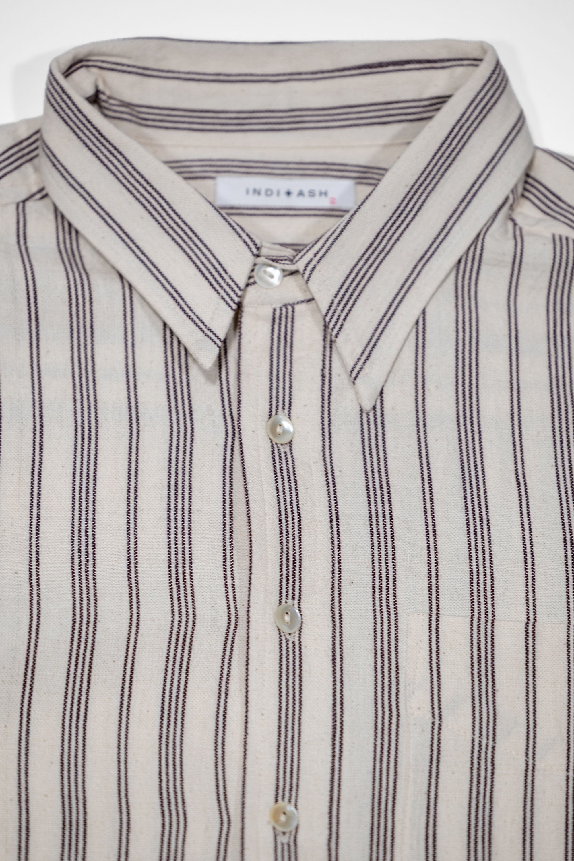 Indi + Ash L/S Brook Shirt - Handwoven Kala Cotton Variegated Stripe Natural/Plum