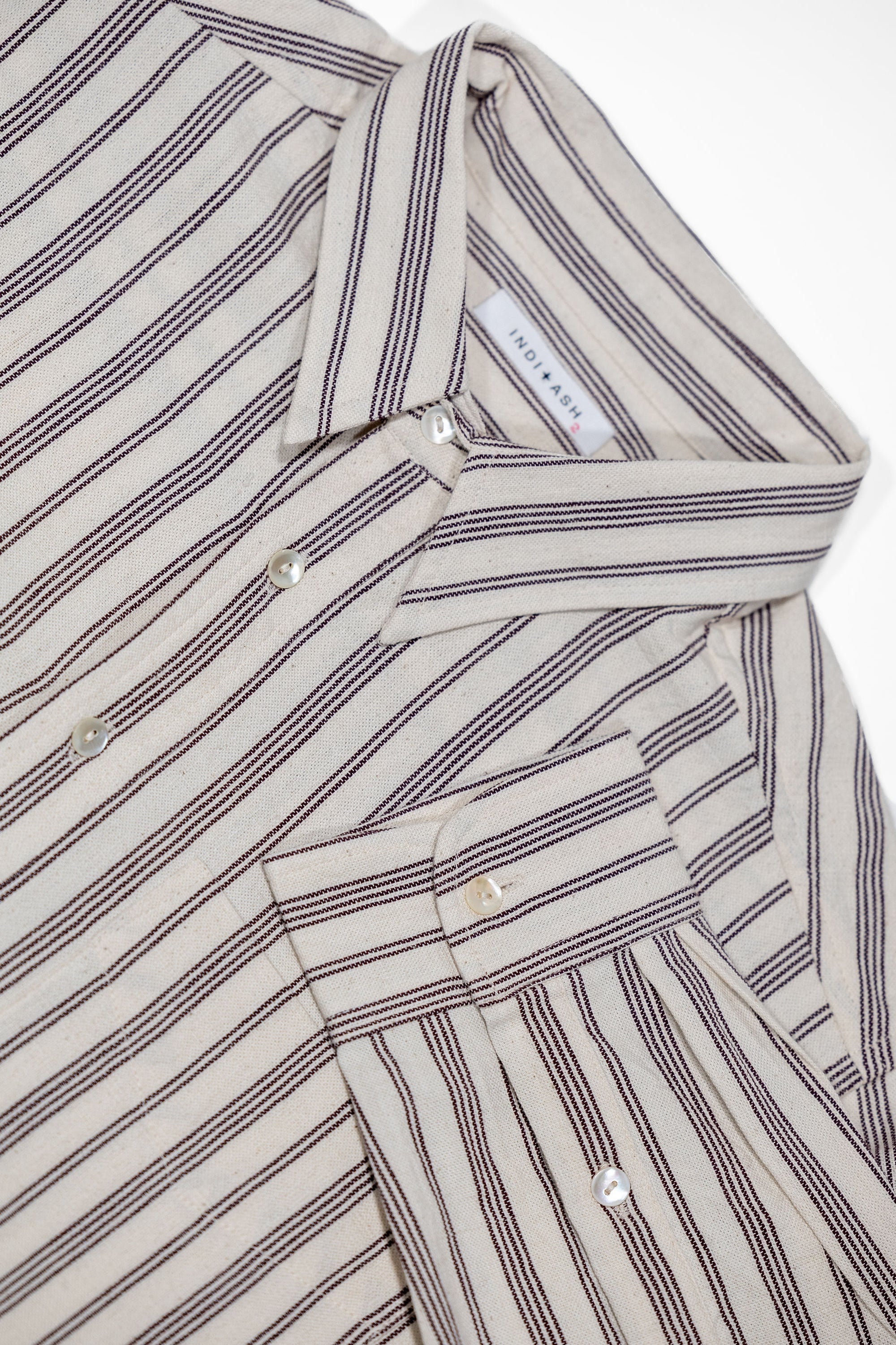 Indi + Ash L/S Brook Shirt - Handwoven Kala Cotton Variegated Stripe Natural/Plum