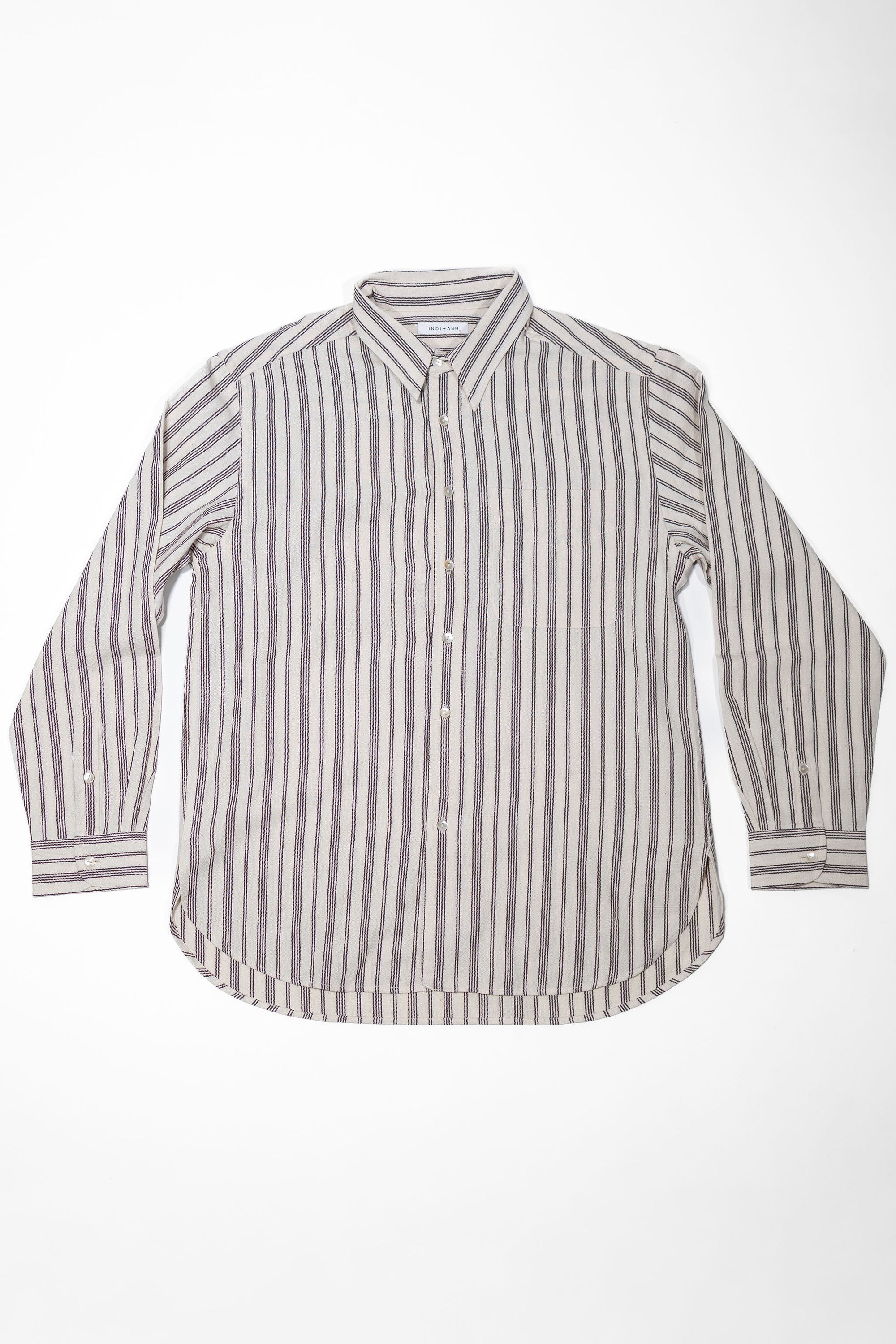 Indi + Ash L/S Brook Shirt - Handwoven Kala Cotton Variegated Stripe Natural/Plum
